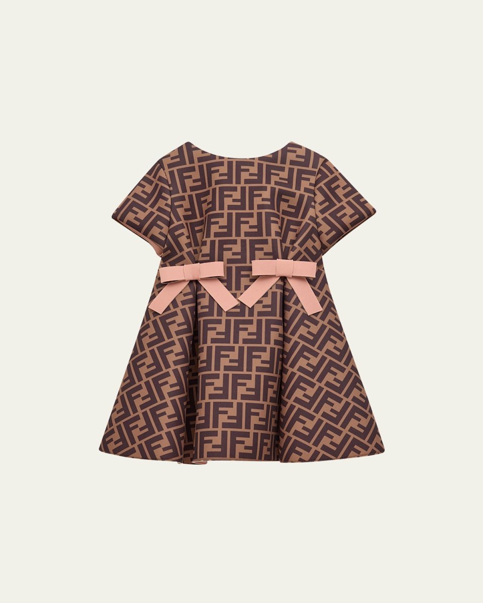 Girl's Monogram-Print Dress W/ Bows, Size 6M-24